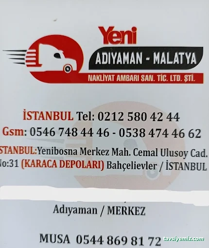 Yeni Adıyaman Ve Nak Ambar Taşımacılık Yeni Adıyaman Ve Nak Ambar Taşımacılık